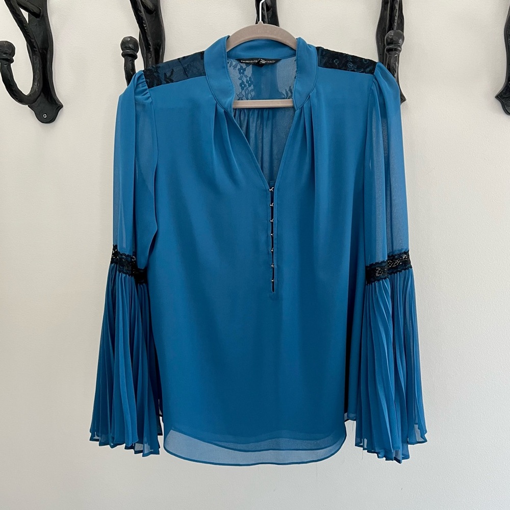 White House Black Market WHBM Beautiful Bell Sleeved Blouse with Lace Detail